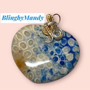 🦋💕Blue coral fossil heart  in tarnish proof copper